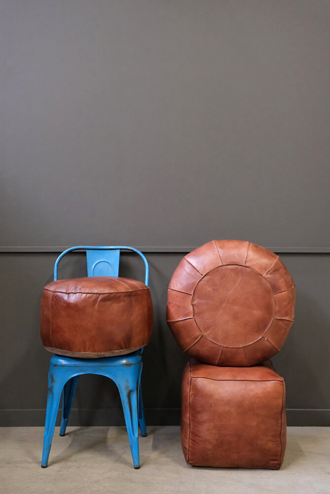 Puf de cuero 'Olivia' Redondo - Marrón