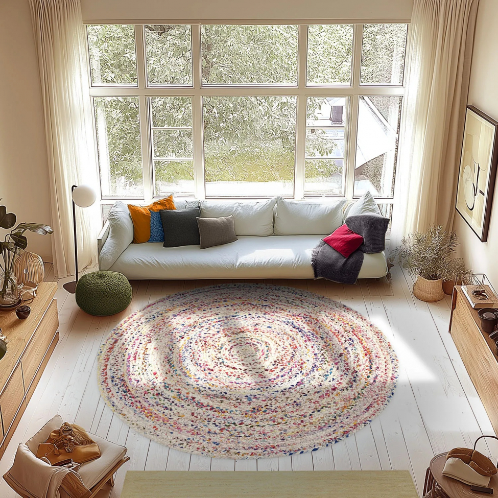 Alfombra redonda 'Flätan' 200cm - Blanco/Multi