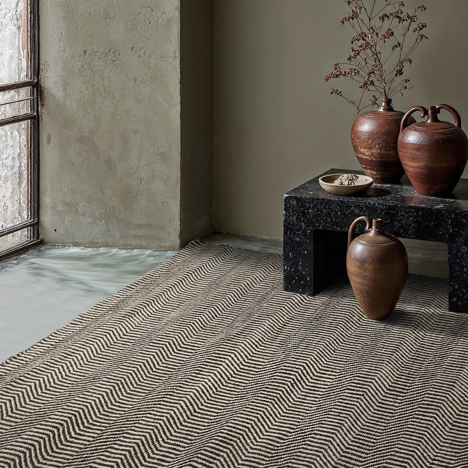 Alfombra de lana 'Larkana' - Beige/negro