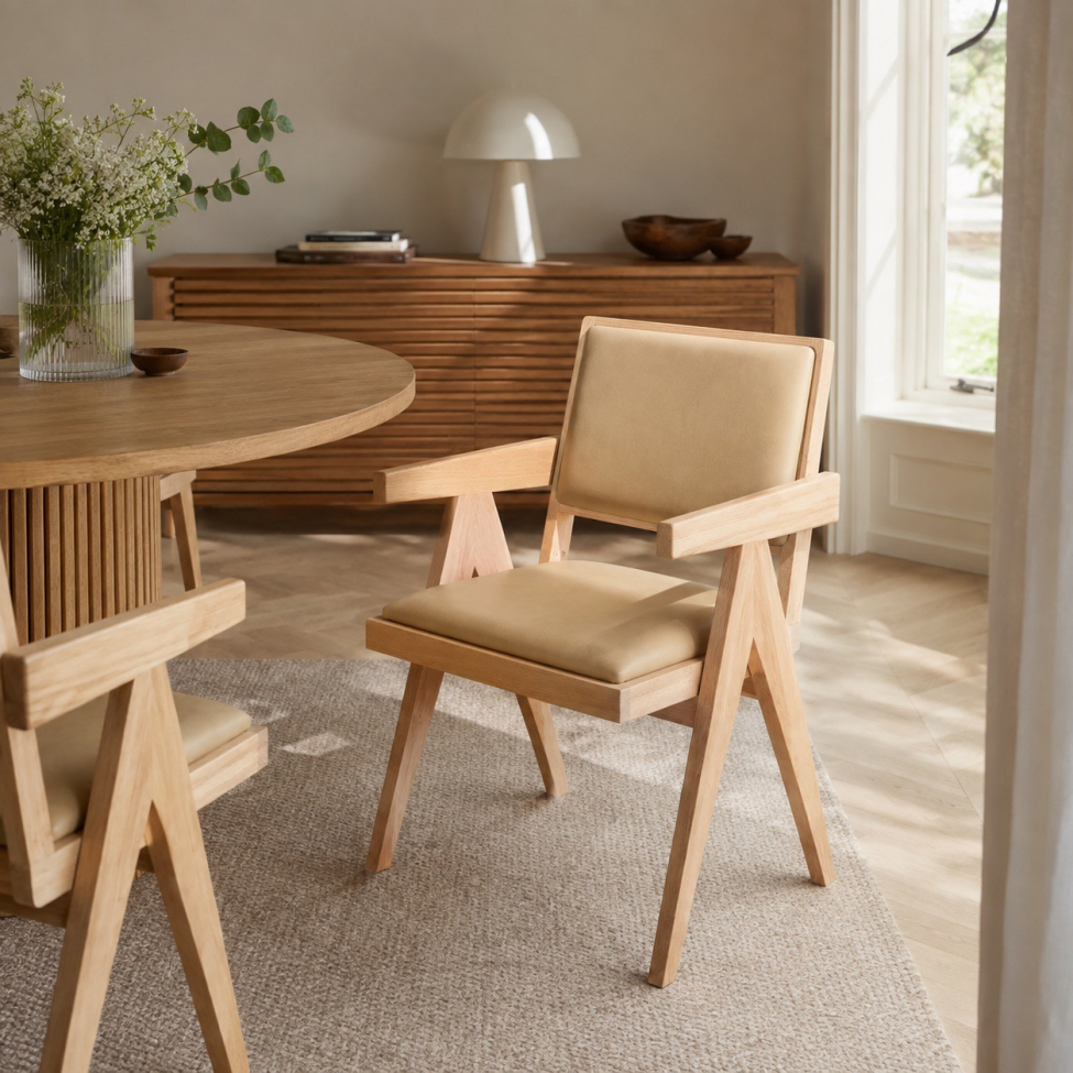 Silla con reposabrazos 'Jean' - Roble blanqueado/Beige