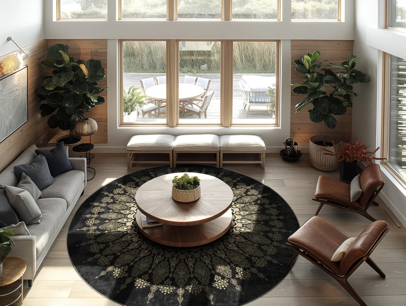 Alfombra redonda 'Sandrigo' 120cm - Negro/Dorado